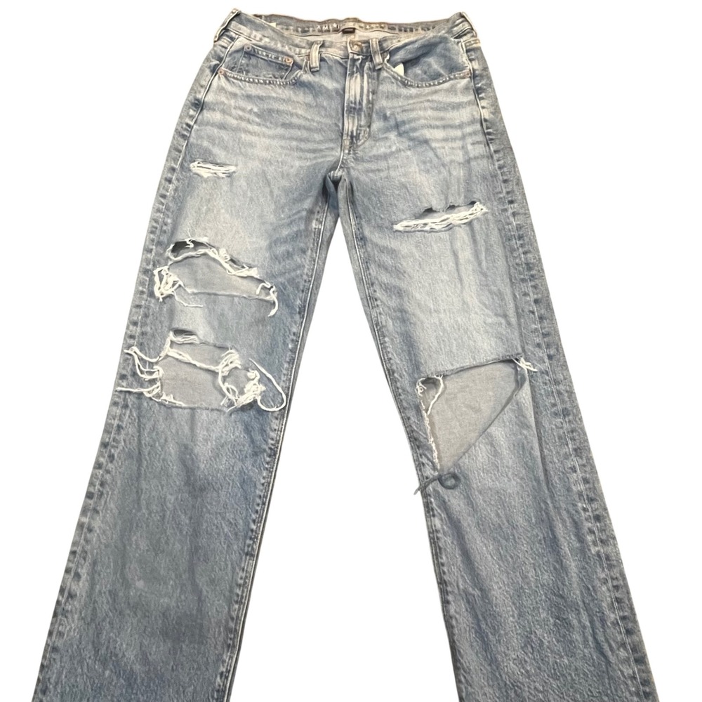 American Eagle Low Rise Baggy Straight Distressed Split Hem Jeans Blue Womens 4